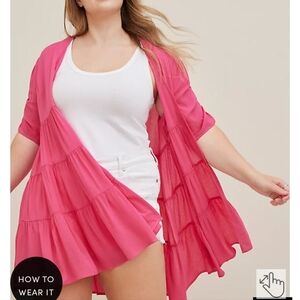 🆕️ 3X BRIGHT PINK RUFFLE TIERED KIMONO - CLIP DOT CRINKLE GAUZE